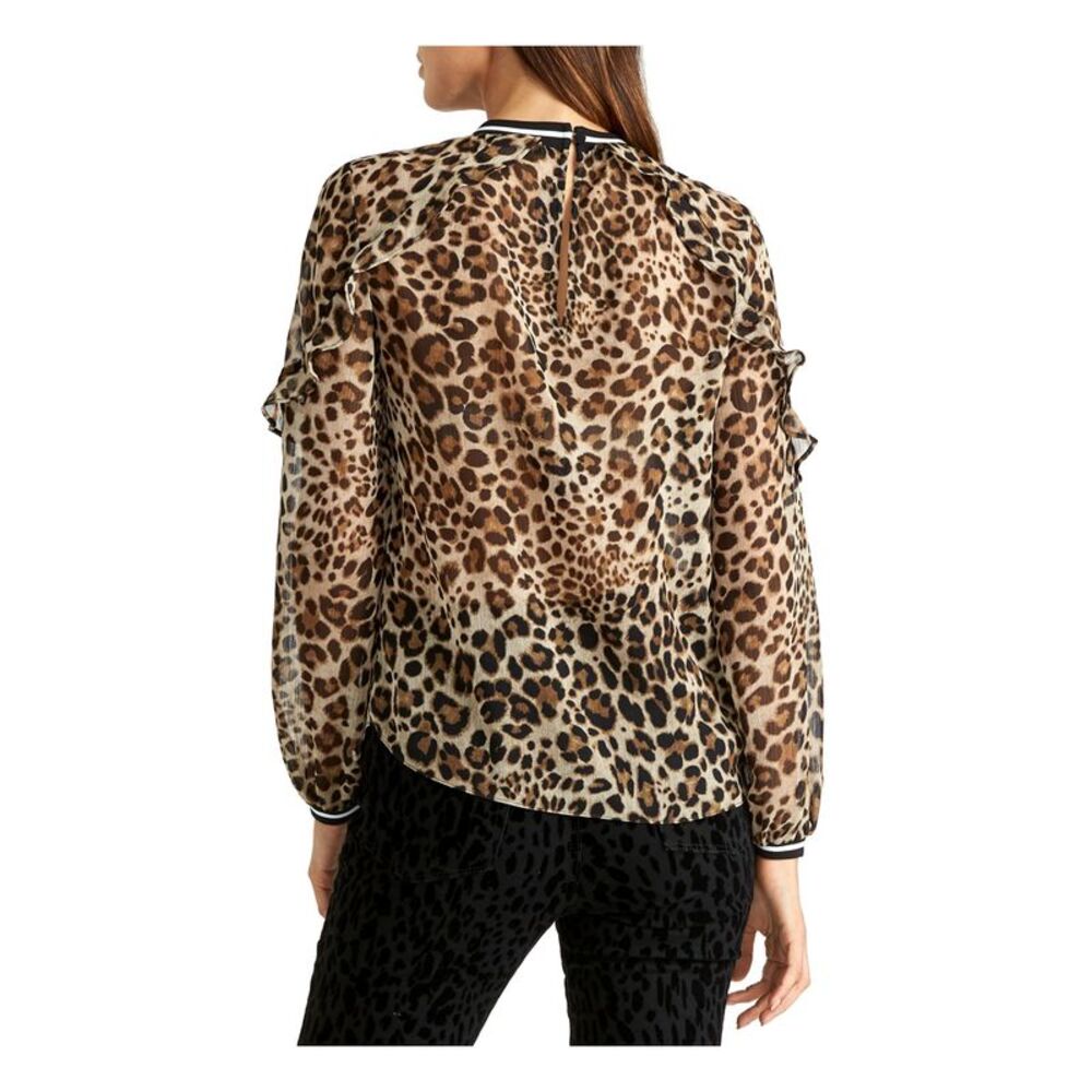 RACHEL ROY Womens Black Ruffled Animal Print Long Sleeve Jewel Neck Top 0 - Picture 2 of 2
